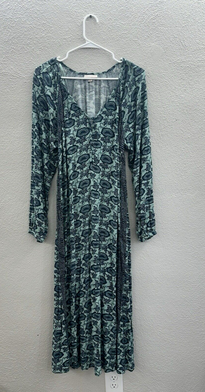 Knox Rose Womens Maxi Dress Size Small Blue Floral Long Sleeve Belted